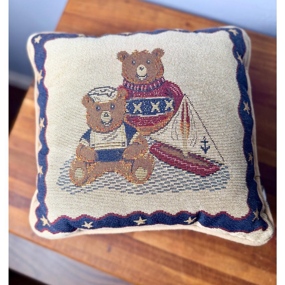 Vintage Riverdale Teddy Bear Tapestry Pillow Nautical Sailboat Americana Coastal - Picture 8 of 12